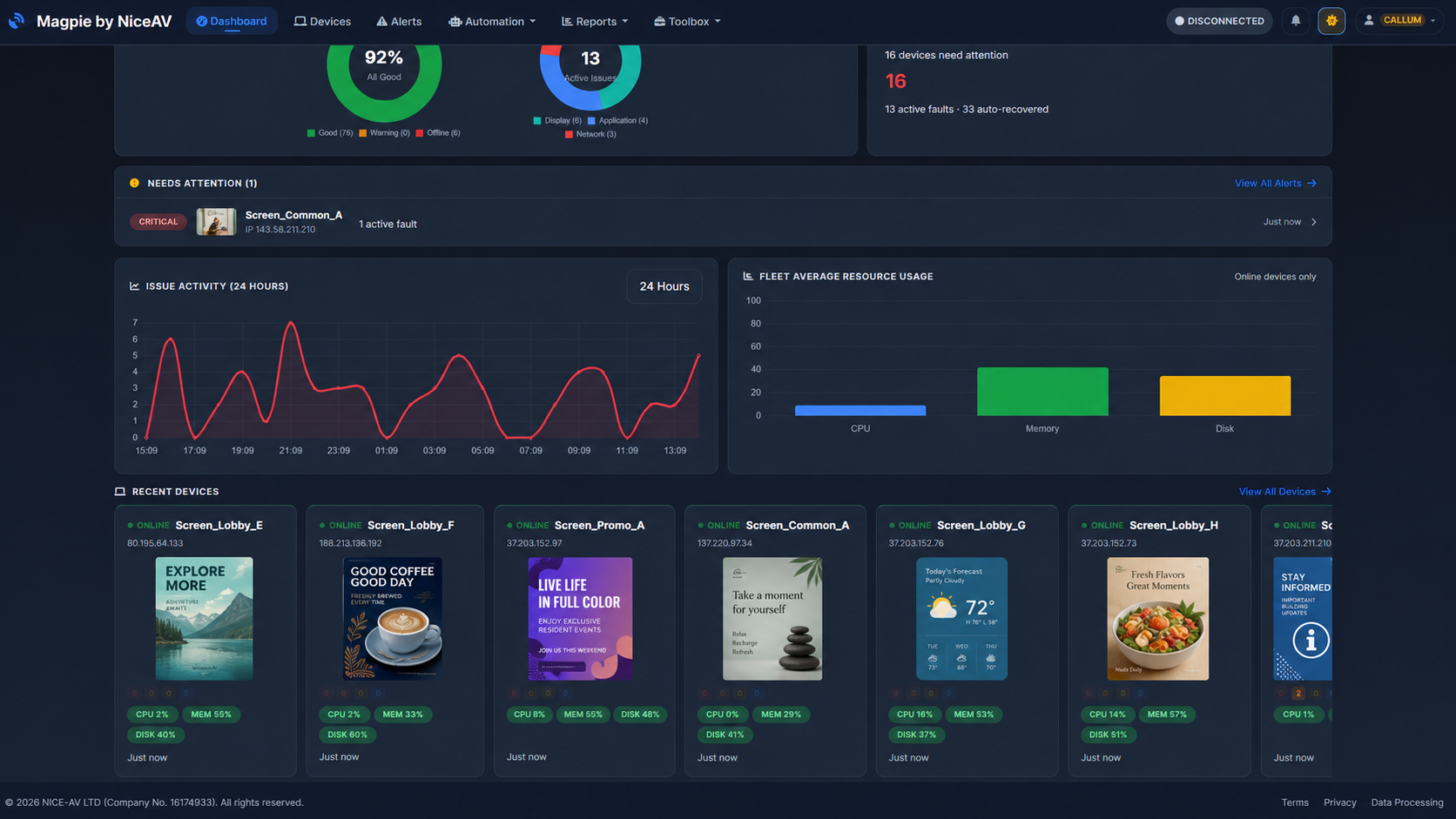 Magpie dashboard detail view with issue activity and recent devices