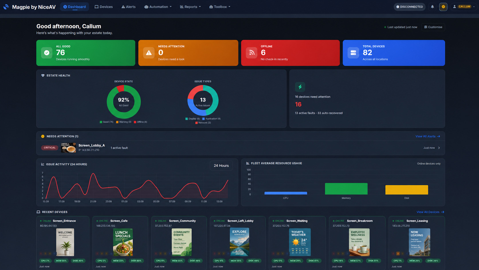 Magpie by NiceAV dashboard showing estate health, alerts and recent devices
