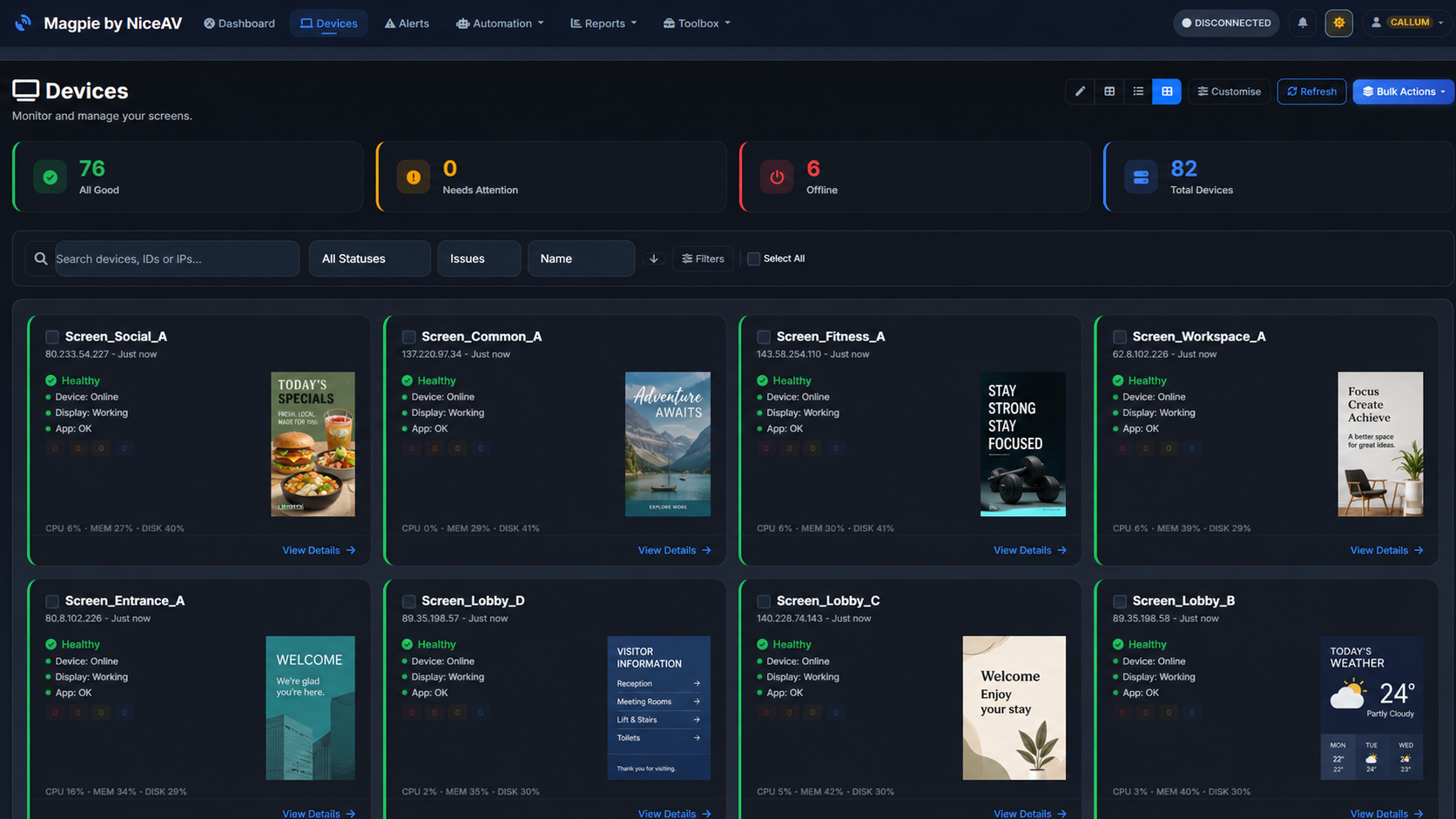 Magpie device management screen with online device cards